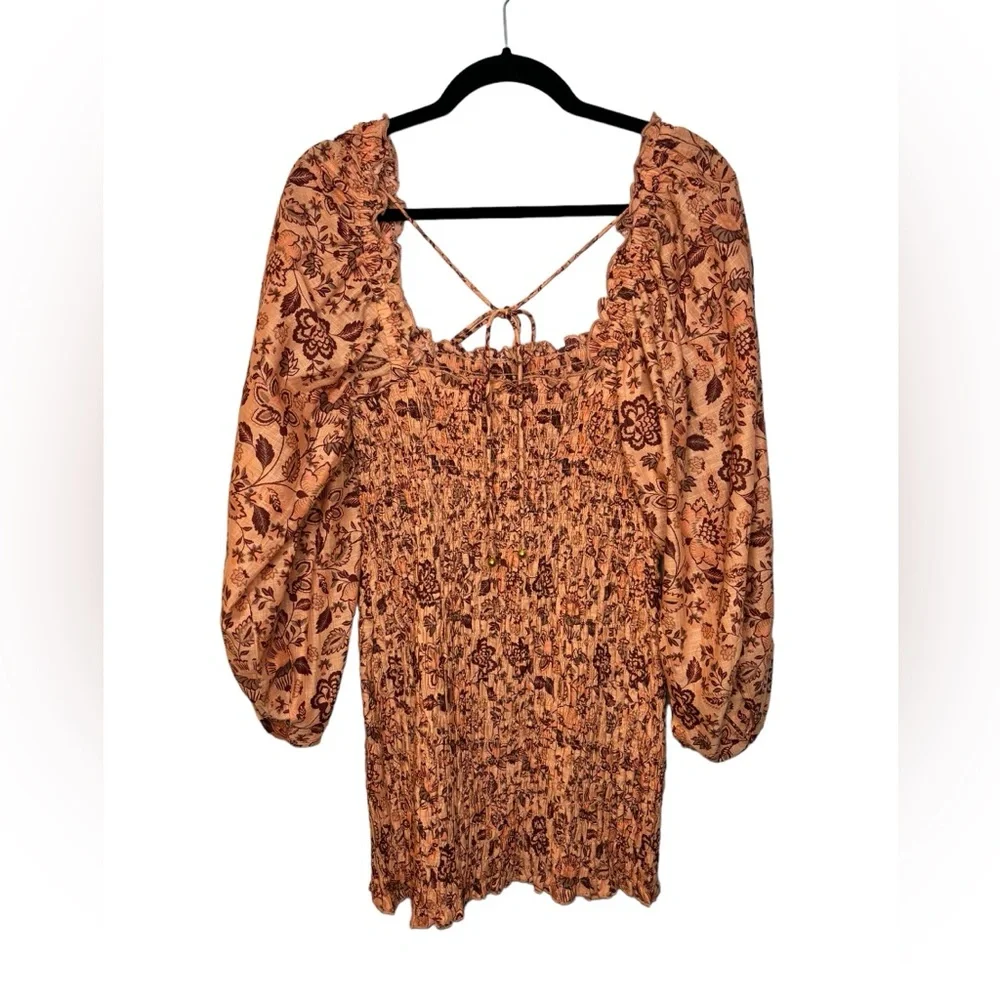 NWT Free People Smock It To Me Puff Sleeve Smocked Body Mini Dress Apricot Large - Picture 3 of 10